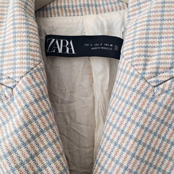 ZARA Plaid Blazer | Size S | Beige & Blue Check | Gold Button Double-Breasted - Picture 6 of 9